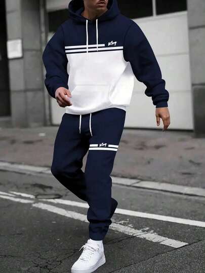 男士休闲印花拼布抽绳连帽衫和运动裤套装，秋季服装