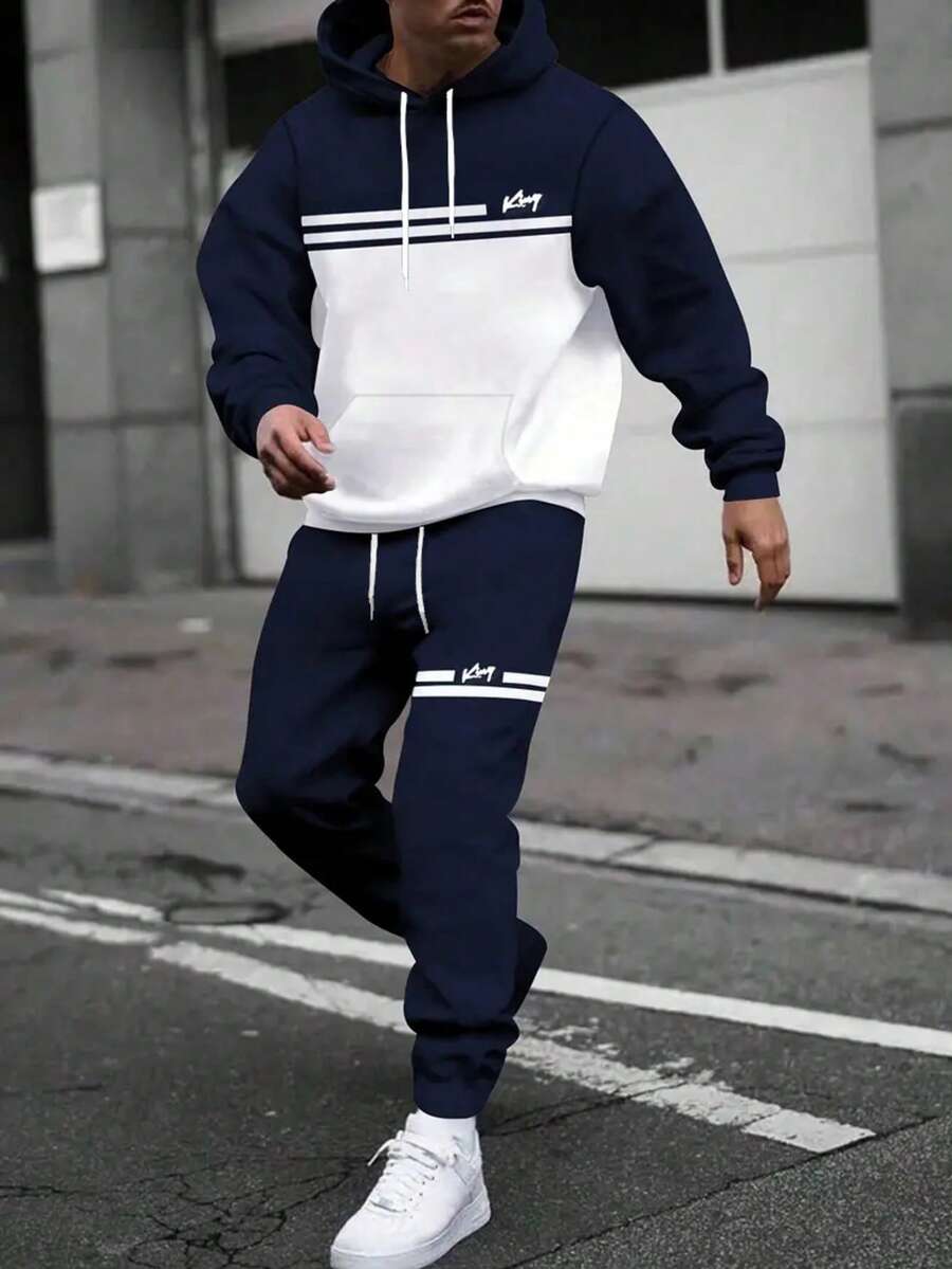 男士休闲印花拼布抽绳连帽衫和运动裤套装，秋季服装 - 彩色 - 查看 1