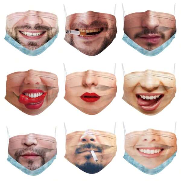 20pcs Adult Hanging Ear-Loop Face Masks, Funny Expression Designs For Men & Women, 3-Layer Protective Breathable & Skin-Friendly, Individually Packaged