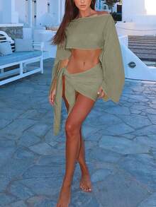 Women's Summer 2 Pieces Set Featuring Voluminous Sleeve Design Wrap Skirt, Fashionable & Elegant Resort/Vacation Style, Daffodil Yellow