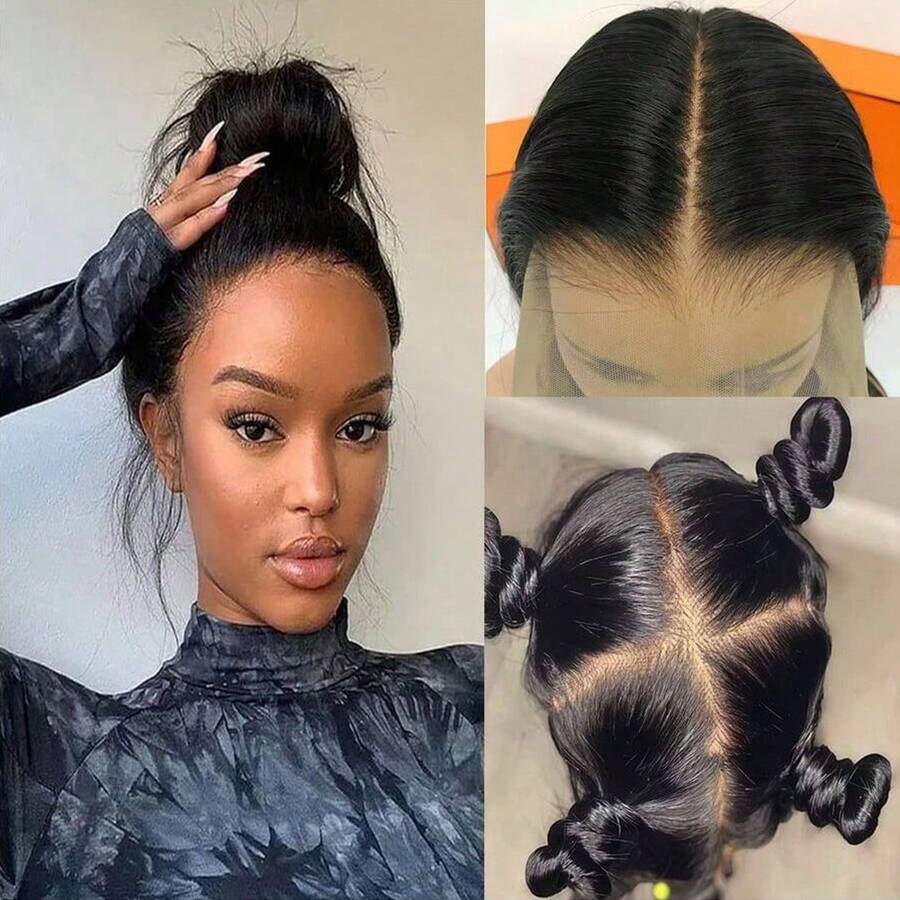 Long Silky Straight Natural Black Color Hair Glueless Full Lace Wigs High Ponytail Can Anywhere Part Heat Resistant Fiber For Fashion Women Girls Daily Party Use Replacement Wig Ready To Wear 26 Inch 180% Density HD Lace Free Part - 黑色 - 查看 1