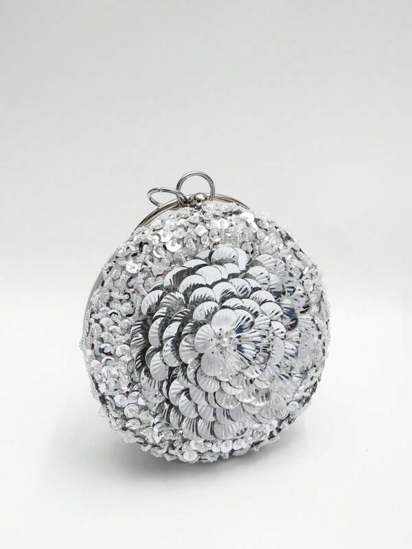 1pc Silver Sparkle 3D Flower Beaded Clutch With Silver Round Handles, Glamorous Unique Design Round Evening Bag Suitable For Wedding, Party, Prom Dress, Women Gift