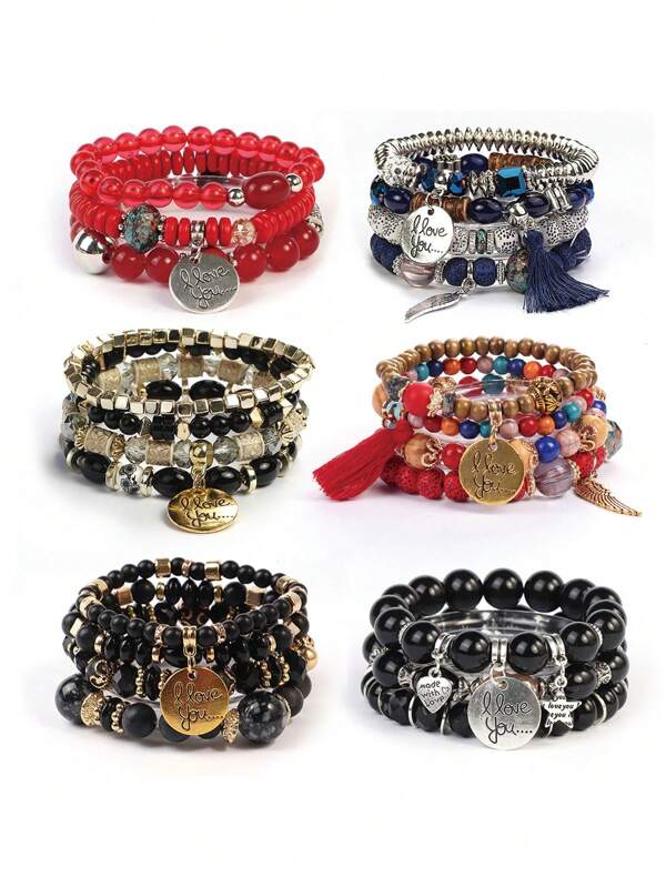 Set de 22 piezas Pulsera de estilo bohemio multicapa con cuentas, colgante "Te amo", alas, hecha a mano con cordón elástico, joyería ajustable, uso diario para dama, regalo perfecto