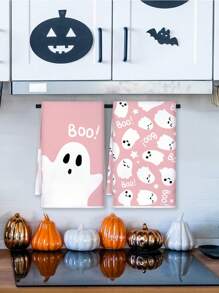 2 piezas Toallas de 15.7" X 23.6" con diseño de bloque de color y patrón de fantasma "BOO", toallas de cocina para festivales, toallas de mano para decoración del hogar, aptas para cocina, baño, limpieza de hornear, decoración de Halloween
