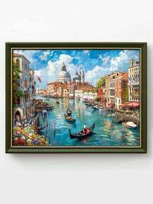 5D 钻石画套装，威尼斯运河风景主题，圆形钻石艺术无框，DIY 家居装饰，40X30cm/15.8 英寸 X 11.8 英寸，适用于各种墙面装饰和桌面摆放，是完美的节日礼物