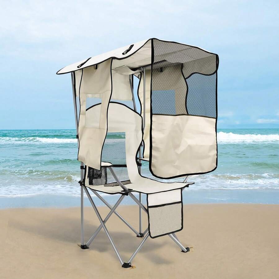 TANWEERDDWJKInc Ptlsy Camping Chair With Adjustable Shade Canopy, Portable Folding Chair For Adults, Heavy Duty Outdoor Sports, Beach, Camping, Fishing - Phone & Cup Holder, Cooler Bag, Supports 330LBS - 白色 - 查看 1