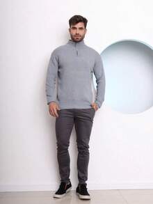 Men's Winter Blouse Striped Modal Sweater With Zipper On The Collar - Light Grey - View 4