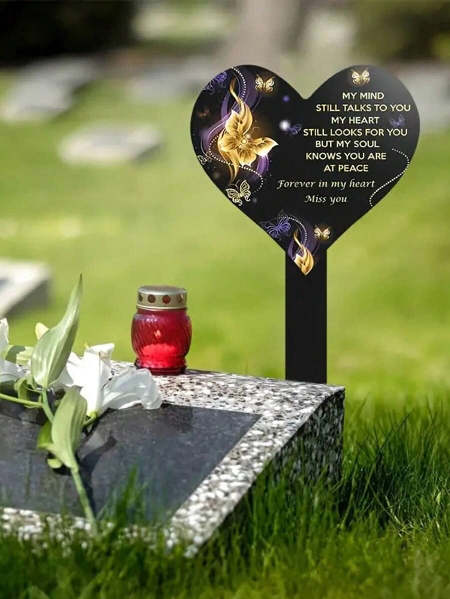 1 件亚克力心形纪念桩，适用于户外花园墓地 - 耐用且耐候的纪念碑，用于纪念亲人，安装无需电力 - 黑色 - 查看 1