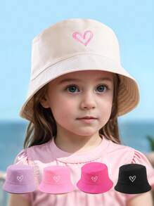 1pc Vintage Solid Color Heart Embroidery Kids Bucket Hat, Outdoor Sports Travel Sun Protection Sunscreen Bucket Hat For Boys And Girls