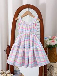 1 Piece Girls Casual Stripe Print + 3D Bow Strap Dress, Suitable For Outdoor, Spring/Summer - Multicolor - View 2