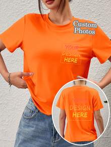 定制女士T恤 - 添加您的照片（风景/徽章/情侣照/全家福/自拍/宠物照等），前后均可定制印花，设计您专属的个性化印花T恤，作为送给女友的礼物、情侣约会T恤等，也适合周年纪念日、情人节、母亲节、生日、节日等场合。定制直筒肩T恤、女士上衣、定制图案T恤、女士短袖T恤、夏季上衣 - 橘色 - 查看 1