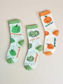 6 Pares de Meias Cano Médio Femininas com Impressões Aleatórias de Legumes Fofos, Desenho de Tomate