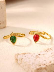 1 peça de anéis de zircônia verde com gota d'água para mulheres, cor dourada, aço inoxidável, geométrico, anel ajustável, joia estética para casamento, presente