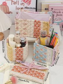 1 件复古花卉图案收纳篮绗缝化妆品收纳篮，护肤品收纳篮化妆刷眼镜收纳袋带蝴蝶结铅笔和刷子架收纳盒女士化妆品收纳