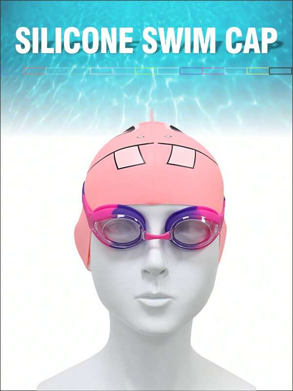 1 pièce Bonnet de bain en silicone pour l'entraînement et la compétition, 100% silicone, motif rose/dessin animé. Accessoires de plage, accessoires de piscine
