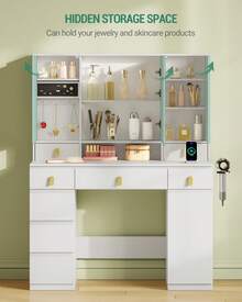 Hzuaneri Dressing Table, HD Large Mirror, Vanity Desk With 3 Color LED Lights, Adjustable Brightness, Vanity Table With Power Strip And Hair Dryer Rack, 8 Drawers, 1 Storage Cabinet, White