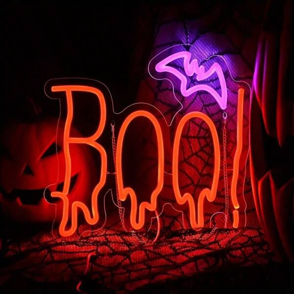 Halloween Neon Schild, Fledermaus Design mit "BOO", einstellbare Helligkeit, Mehrfarbiges Kunststoff LED Neonlicht für Halloween Party Dekoration, Wandaufhängung, per USB betrieben, Tastenbedienung, keine Batterie erforderlich