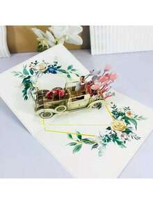 Tarjeta de boda 3D emergente "Recién casados", coche vintage con ilustración acuarela floral y portada con texto dorado, tarjeta de felicitación romántica para la novia y el novio, aniversario, para parejas y recién casados - Verde - Ver 5