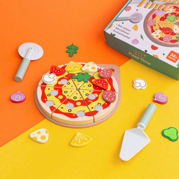 Wooden Kids Pretend Play Food Pizza Cutting Toy, Realistic Cooking Playset With Fruits, Vegetables And Pizza For Boys And Girls, Perfect Christmas And Birthday Gift
