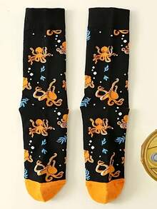 1双男士卡通章鱼袜子，运动透气中筒袜，日常休闲趣味袜子，男女通用，适合所有季节 - 彩色 - 查看 2