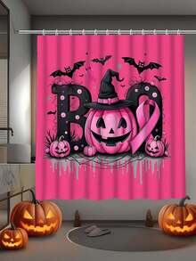 1/4-Stück Halloween einfaches rosafarbenes Kürbis Segen Duschvorhang-Set, rosa Kürbis Halloween Design, 100% Polyester Stoff Vorhang, wasserresistent & leicht zu reinigen, elegantes Einweihungsgeschenk, moderne Heimdekoration, inklusive Duschvorhang, Teppich und 12 Haken, perfekte Halloween Badezimmerdekoration