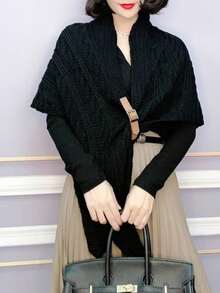 1 件秋冬厚款保暖針織女式圍巾米色斗篷分叉設計帶扣 - 黑色 - 查看 10