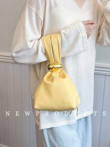 low tea 1 件女式纯色 PU 皮革迷你云褶手提包，金属配件装饰拉链开合，适合日常和户外使用 - 黃色 - 查看 7