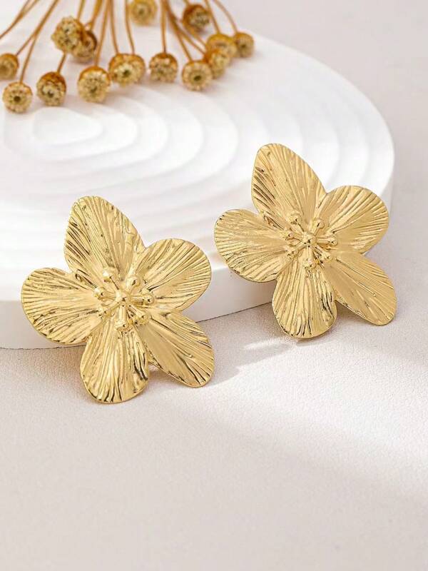 2pcs Gold Flower Stud Earrings, Suitable For Daily Wear