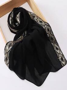 1pc Women's Luxurious Heavily Embellished Rhinestone & Sequin Chiffon Muslim Hijab Scarf, Holiday Celebration Gift - Multicolor - View 12