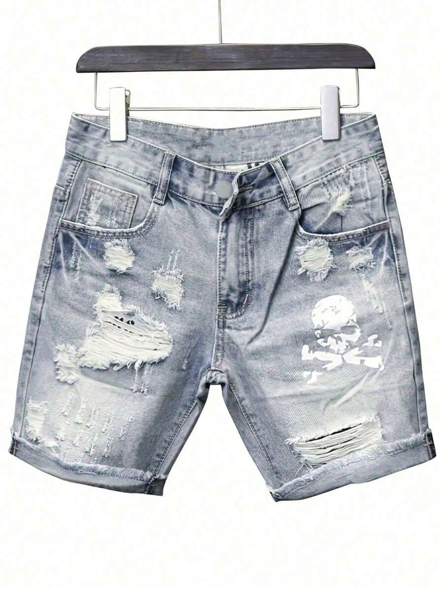 Men's Skull Print Ripped Washed Vintage Denim Bermuda Shorts Jorts, Emo Style