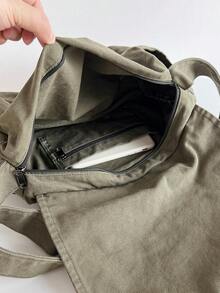 Vintage Minimalist Flap Crossbody Bag, Thick Washed Canvas Bag, Casual Versatile Large Capacity Messenger Bag, American Style For College Student, Short Trip, Simple Street Cloth Bag - Green - View 5