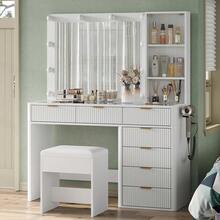 FUSOU 7 Drawers Fluted Vanity Desk With Charging Station, 47'' W Makeup Vanity With LED Lights And HD Mirror, 3 Lighting Modes Adjustable, Glass Top, Vanity Set For Bedroom,White - View 1