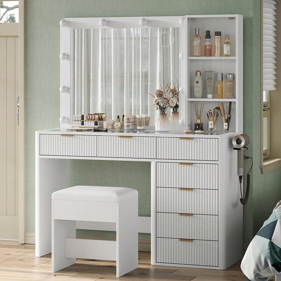 FUSOU 7 Drawers Fluted Vanity Desk With Charging Station, 47'' W Makeup Vanity With LED Lights And HD Mirror, 3 Lighting Modes Adjustable, Glass Top, Vanity Set For Bedroom,White - Xem 1