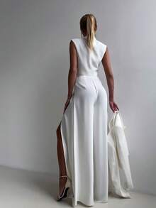 2pcs/Set Women Solid White Elegant Sleeveless Turtleneck Halter Top And High Slit Wide Leg Pants, Suitable For Daily Outings, Commuting, Office, Holidays, Parties - White - View 2