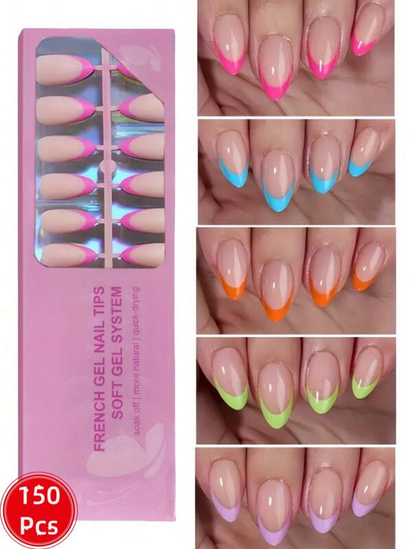 150 piezas Uñas postizas cortas de almendra, en colores rosa, morado, azul, naranja y verde - 5 colores en puntas francesas de gel suave, utilizadas como uñas falsas para DIY, de estilo simple y versátil en 15 tamaños adecuados para mujeres