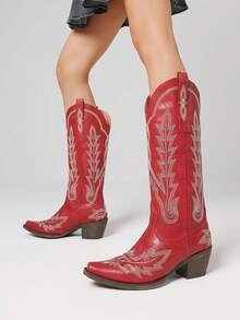 Women's Vintage Classic Western Knee High Cowboy Boots Fashion Embroider Block Chunky Heel Pull On Pointed Toe Retro Cowgirl Boots - Red - View 2