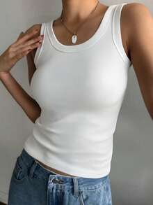 1pc BASICS Casual Solid Color Padded Bra Camisole, Sleeveless Round Neck Tank Top