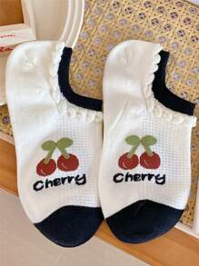 Calcetines de tobillo transpirables con lazo de cereza, letra y diseño floral tipo Ins para mujer