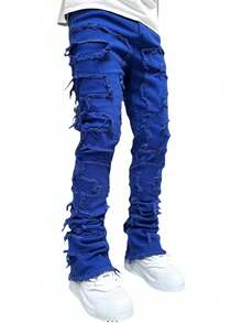 Stacked Jeans Men Ripped Jeans Pants Y2K Goth Harajuku Emo Jeans Trouser - 灰色 - 查看 9