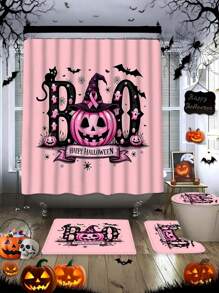 1/4-Stück Halloween einfaches rosafarbenes Kürbis Segen Duschvorhang-Set, rosa Kürbis Halloween Design, 100% Polyester Stoff Vorhang, wasserresistent & leicht zu reinigen, elegantes Einweihungsgeschenk, moderne Heimdekoration, inklusive Duschvorhang, Teppich und 12 Haken, perfekte Halloween Badezimmerdekoration