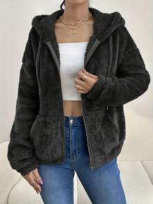 1pc Solid Color Fleece Zip Pocket Hooded Coat, Comfortable For Autumn/Winter - Black - View 4