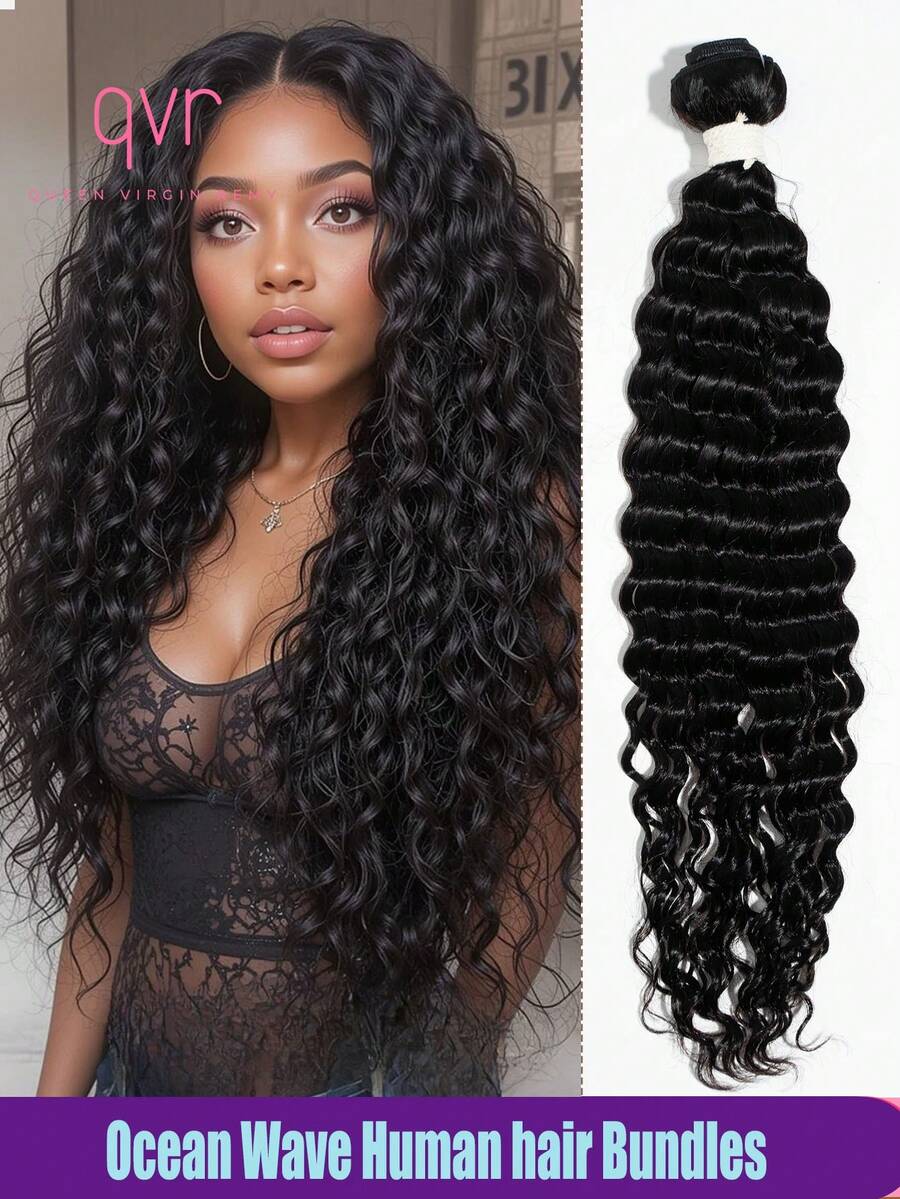 QVR QUEEN VIRGIN REMY QVR Ocean Wavy 100% Human Hair Extensions Super Wavy Remy Human Hair Bundles Deep Curl Weave On Weft Sew In Natural Color Natural Wave Hairpiece - Natural Black - View 1