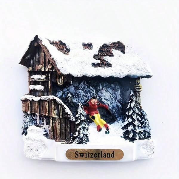 Pegatina magnética decorativa para refrigerador con cabina de madera 3D de una estación de esquí suiza, recuerdo de viaje creativo