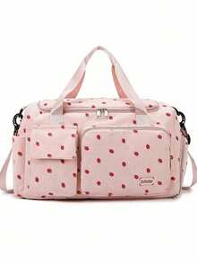 1 件草莓图案灯芯绒材质旅行行李袋，大容量衣物收纳，带独立鞋隔层和干湿袋，可拆卸可调节肩带，适合旅行、游泳、运动健身学校包学校配件学校用品旅行必需品假日度假行李袋行李箱旅行包女士