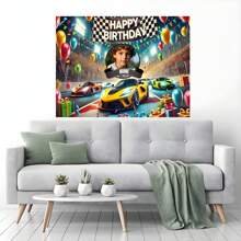 1pc Customizable Photo Name Racing Theme Happy Birthday Backdrop Race Track Black And White Flag Balloon Gift Box Pattern Design For Racing Theme Birthday Party Cake Table Decoration Photography Banner Vinyl