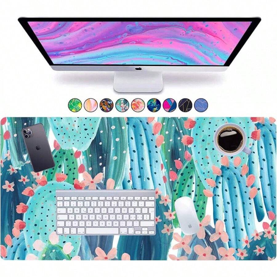French KOKO Desk, Large Desk Pad Large Mouse Pad Cute Desk Accessories Home Office Essentials XL Desk Desk Pad Keyboard Mouse Desk Pads On Top Of Desks Computer Pink Floral Women Girls - Cute Cactus - 查看 1
