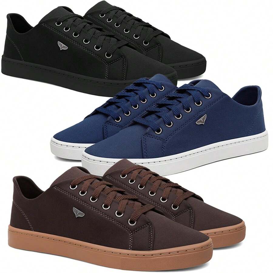 Kit 3 Men's Casual Low-Top Sneakers, Light And Soft, Modern Stitched Sole, New And Cheapest - 黑色-藍色和咖啡色 - 查看 1