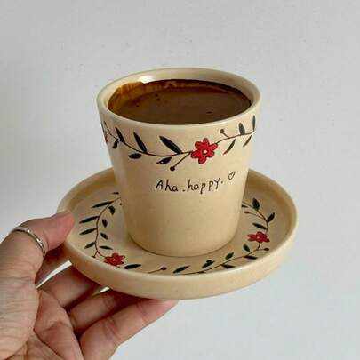 200ml复古柳条花环杯套装，压花字母印花咖啡杯碟套装，法式字母咖啡杯，居家下午茶杯碟套装，极简主义手提杯，旅行杯返校