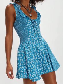 Womens Sleeveless V Neck Floral Boho Dress Ruffle Trim Back Tie Smocked Summer Beach Mini Flared Tank Dress - Màu xanh lam - Xem 2