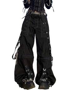 Women Vintage Goth Hop Jeans Punk High Waisted Baggy Bootcut Jeans Strap Chain Striped Wide Leg Pants - 黑色 - 查看 1